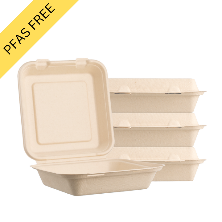 Sugarfiber™ 8x8 inch Square Hinged Container PFAS Free — HAKOWARE
